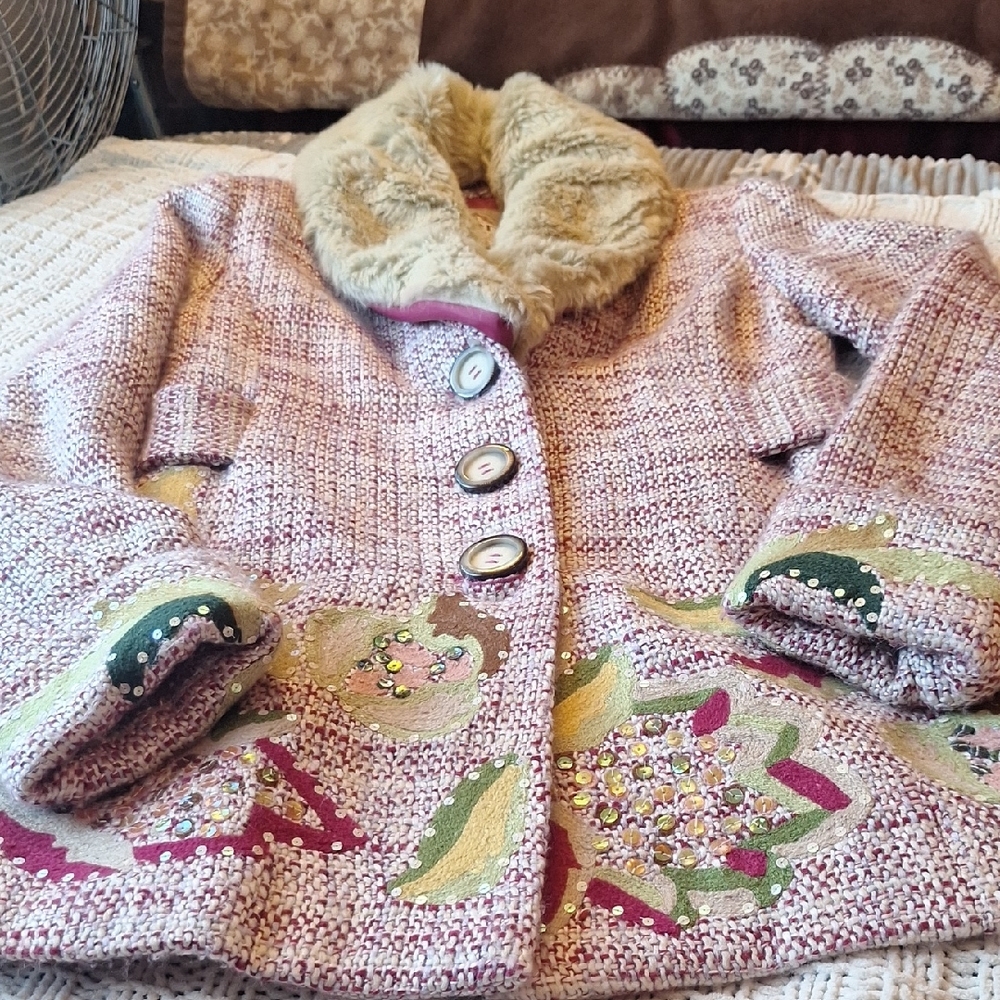 Kenzie Multicolor Pea Coat with Faux Fur Collar Size S - Picture 2 of 13